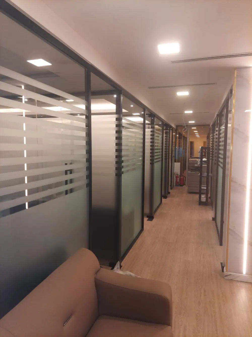 Frosted striped glass office partition corridor, Dubai
